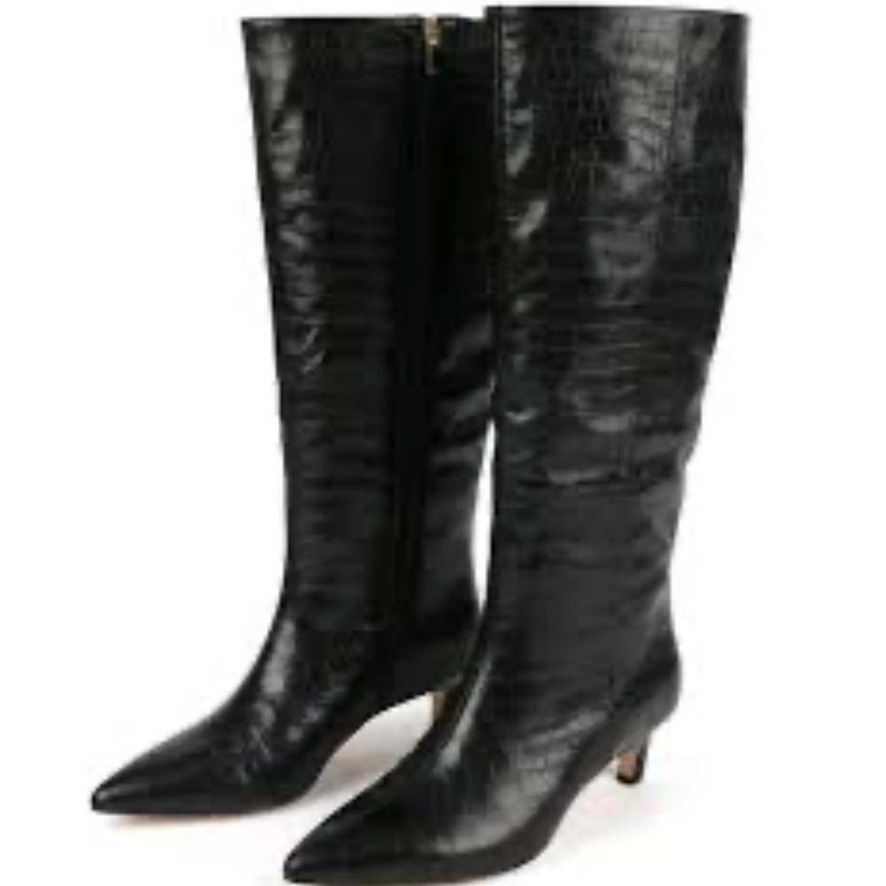 Nordstrom Rack Dauphine Black Croc Embossed Knee High Kitten Heel Boots 6.5M